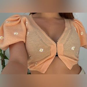 For Love and Lemons Peach V neck Puff Sleeve Crop Cardigan